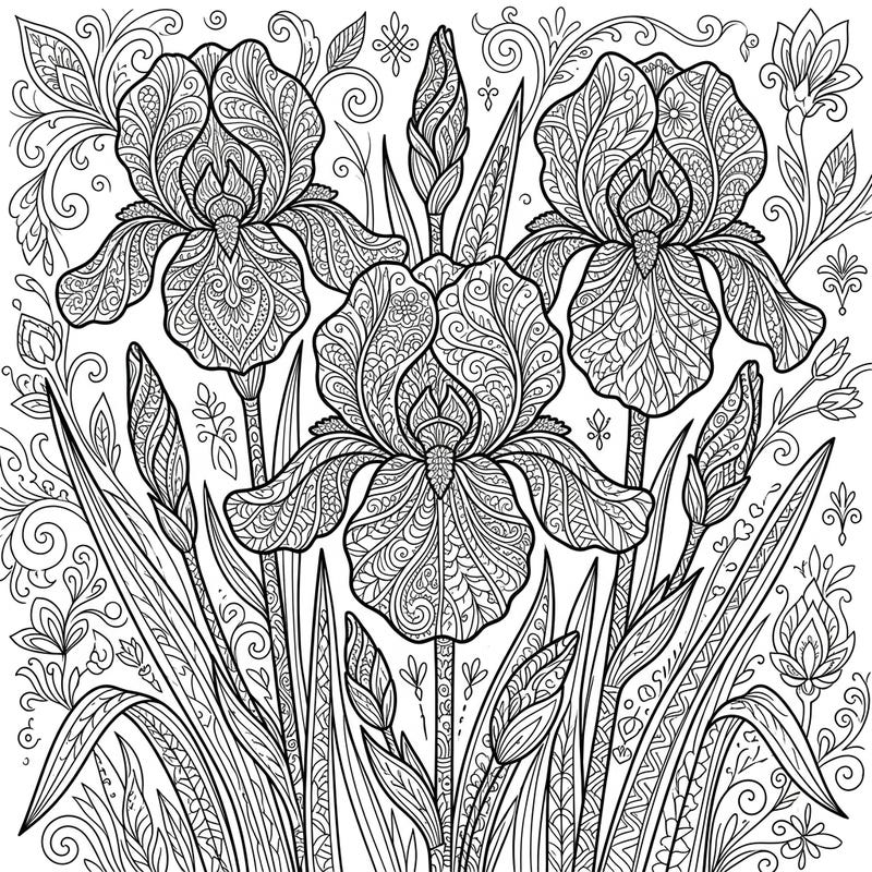 Unleash your creativity with this stunning coloring page featuring elegant Japanese Irises rendered in the intricate Zentangle style. Each petal and leaf offers a meditative canvas for detailed coloring, perfect for adults seeking relaxation.