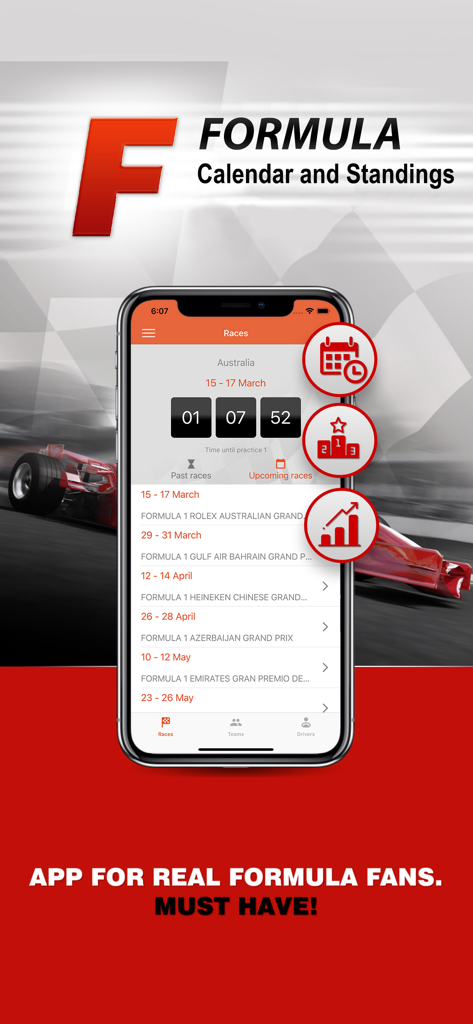 Formula 2026 mobile app displaying race schedule countdown and standings icons