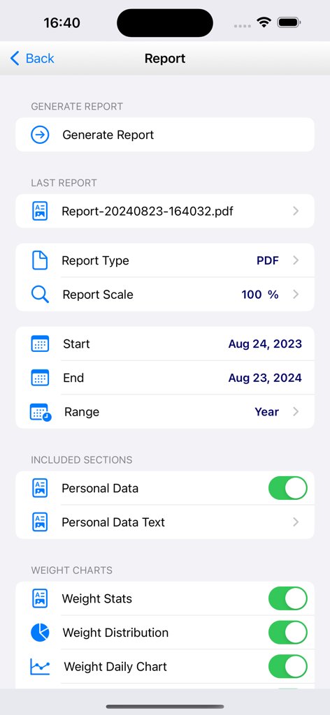 iGoal Plus - iGoal Plus app screen for generating and customizing PDF health reports with weight charts and data sections.