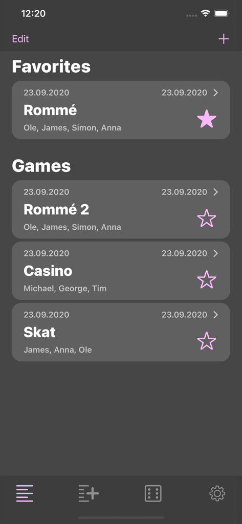 Pantalla de historial de la aplicación Games Block mostrando una lista de juegos de cartas guardados y puntuaciones de jugadores