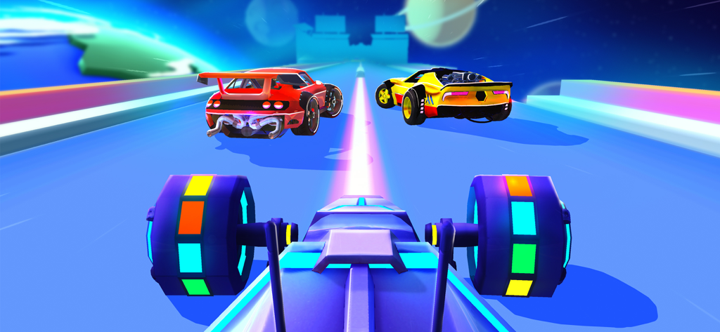 SUP Multiplayer Racing - vista in prima persona di una colorata gara multiplayer su un tracciato a tema spaziale neon in SUP Racing