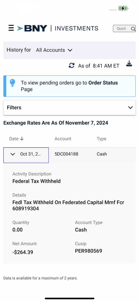 BNY Mellon Brokerage Account history screen showing transaction details
