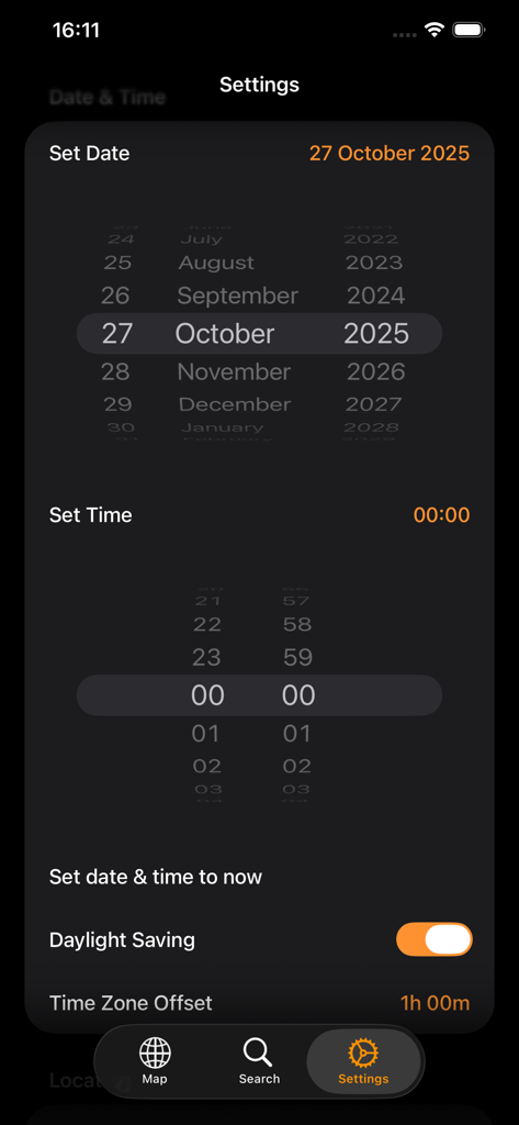 Planisphere - Planisphere app settings screen showing date and time pickers for celestial planning