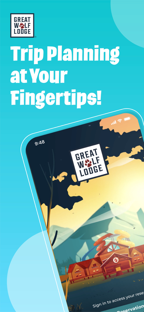 Great Wolf Lodge - Great Wolf Lodgeモバイルアプリのホーム画面。Trip Planning at Your Fingertips（指先ひとつで旅行計画）というテキストと、ウォーターパークリゾートの様式化されたイラストが表示されています。