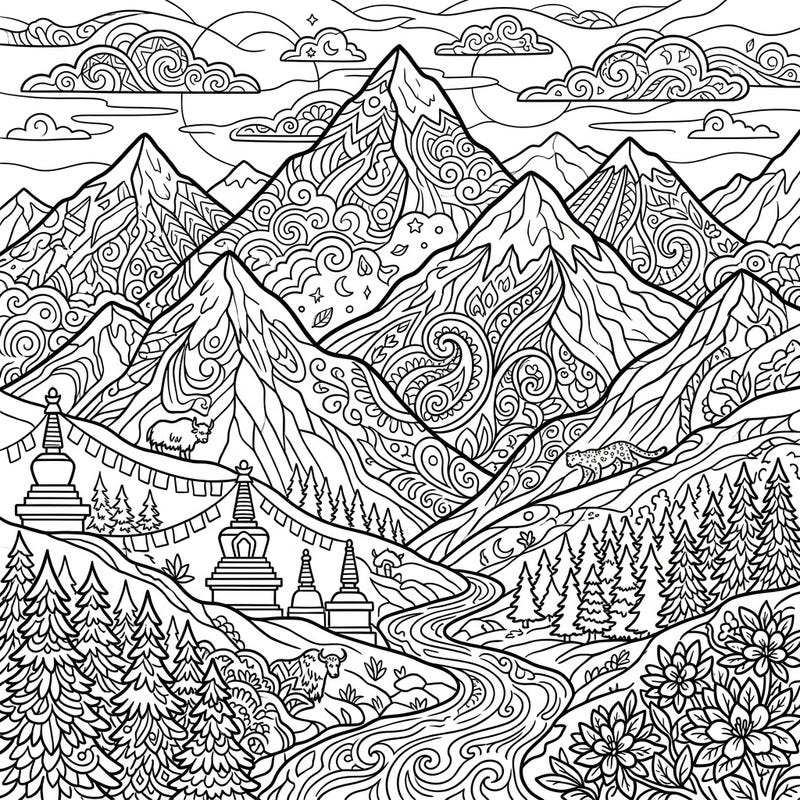 Embark on a serene coloring adventure with this exquisite Himalayan Mountains design, perfect for adult colorists. Discover intricate patterns, majestic wildlife, and sacred architecture waiting for your creative touch.