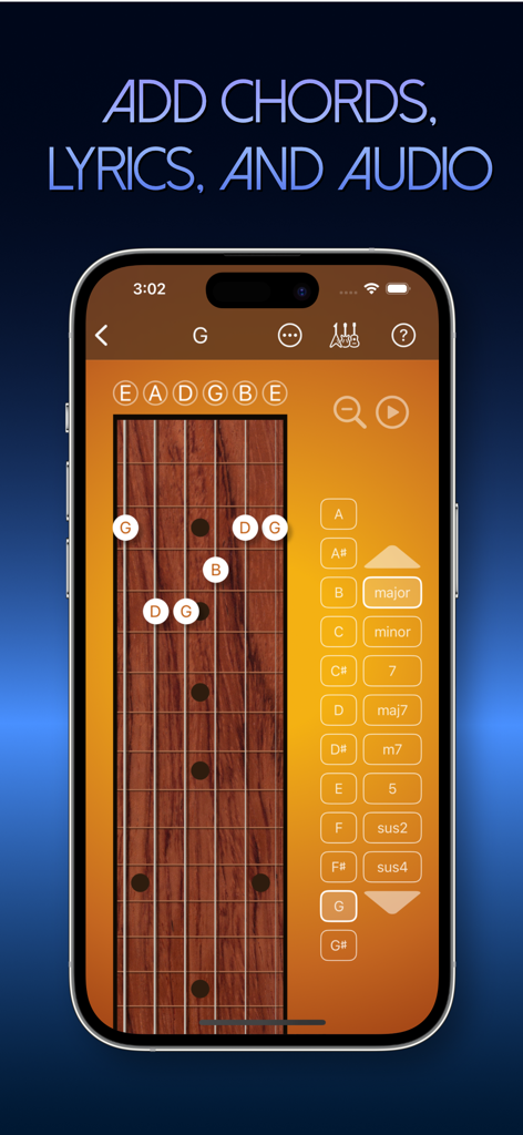 Guitar Notebook - La aplicación Cuaderno de Guitarra mostrando un diapasón virtual y un teclado de selección de acordes