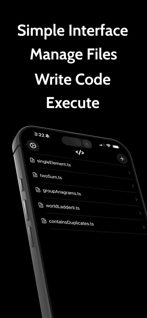 TypeScript Editor - TypeScript Editor mobile app interface showing a file list with various TypeScript projects on an iPhone