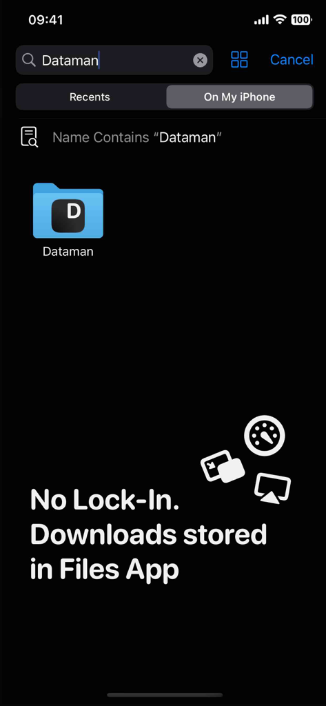 Screenshot showing dManager folder integration within the native iOS Files app for easy access to downloads