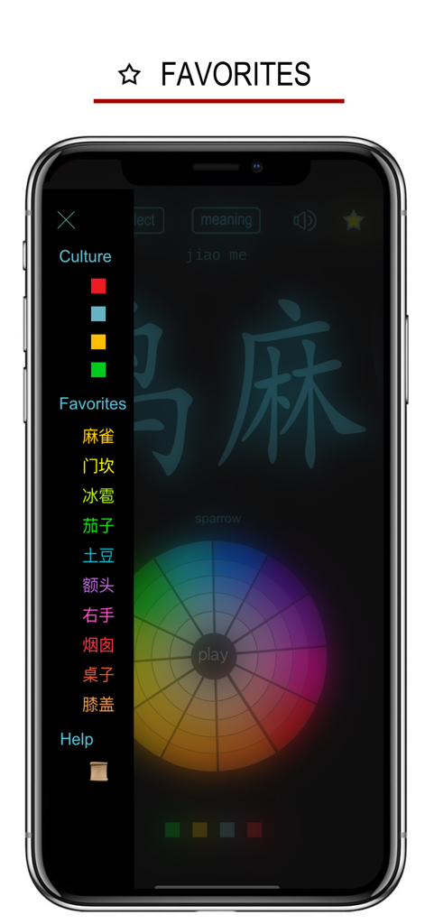 Hainan Chinese Dialect - Hainan Chinese Dialect app interface showing the favorites list and a vocabulary card for sparrow.