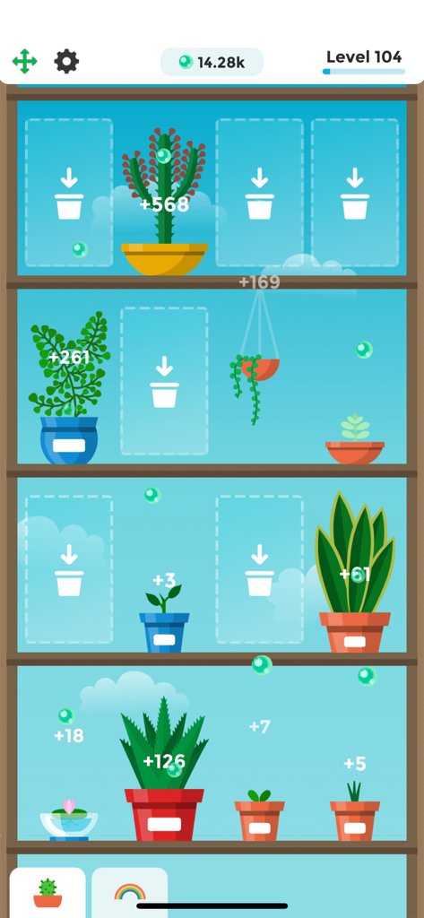 Jugabilidad de Terrarium Garden Idle mostrando diversas plantas en un estante de madera produciendo oxígeno.