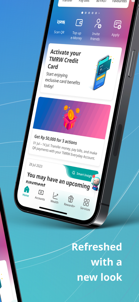 UOB TMRW Indonesia - Mobile screen showing the refreshed UI of the UOB TMRW Indonesia banking app with financial insights and card management features