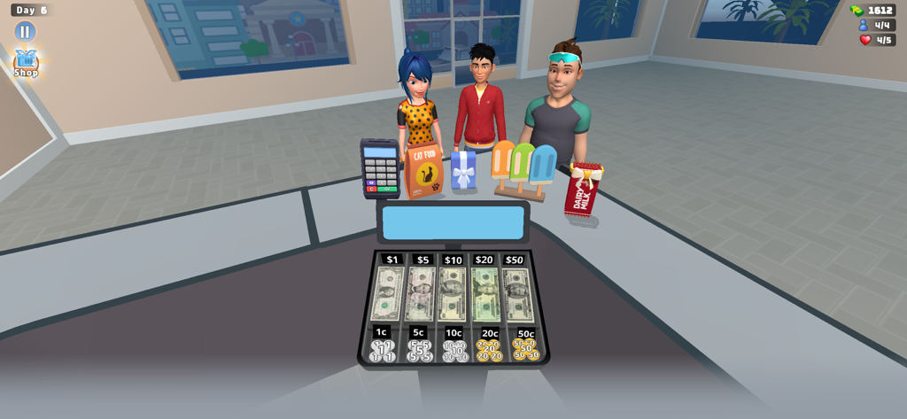 Supermarket Shopping Mall Game - ドル紙幣が入った現金引き出しとレジカウンターにいる客を示す3Dスーパーマーケットレジ係シミュレーション画面