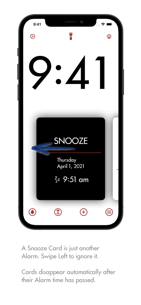 Alarum - Minimalist Alarum app screen showing a black snooze alarm card with a swipe left gesture indicator