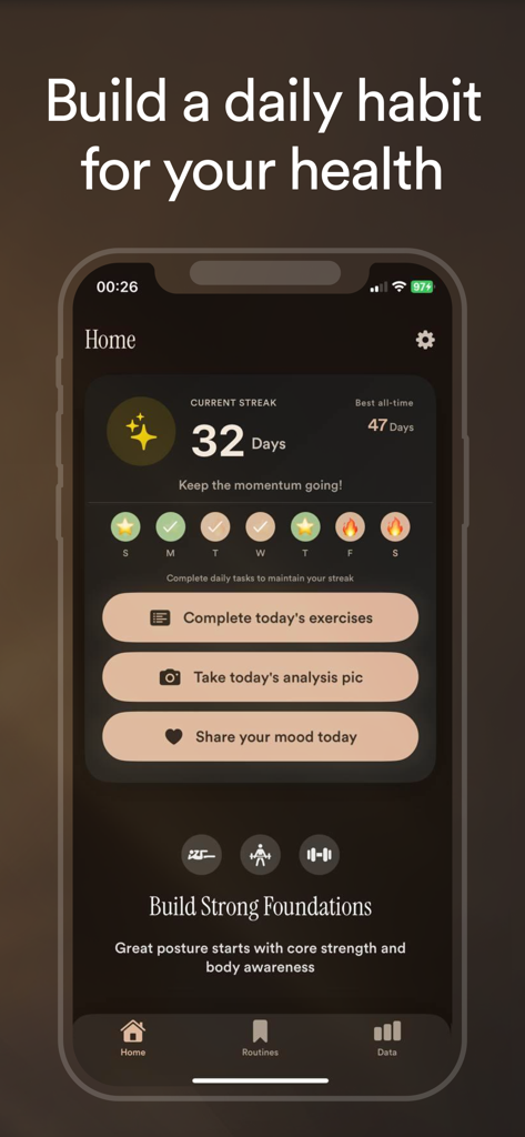 UpWise - Fix Posture Now - Home screen of the UpWise app displaying a 32 day streak and daily posture exercise tasks