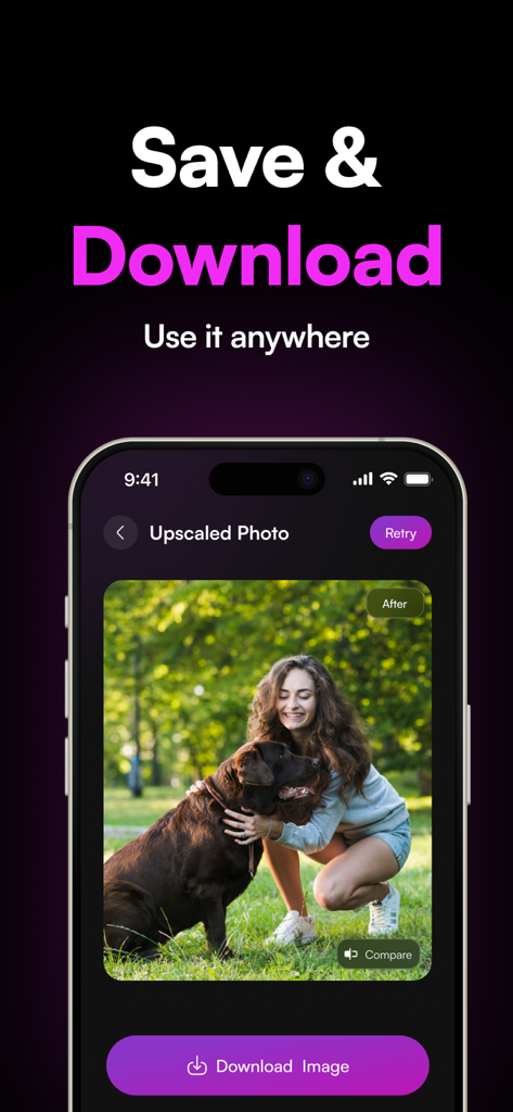 AI Upscale Image: 8X Upscaler - Schnittstelle der mobilen App zum Speichern und Herunterladen eines hochskalierten hochauflösenden Fotos einer Frau und ihres Hundes.