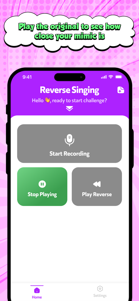 A mobile app screen for a reverse singing challenge showing buttons to record and play audio in reverse.
