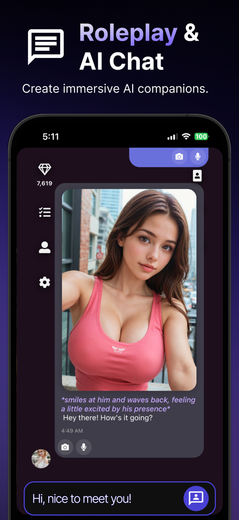 Tela de smartphone exibindo a interface de chat do aplicativo Promptchan AI Girlfriend com uma personagem IA realista.