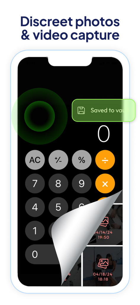 Capture d'écran de l'application Cam V360 montrant la capture discrète de photos cachée derrière une interface de calculatrice et enregistrée dans un coffre-fort sécurisé.