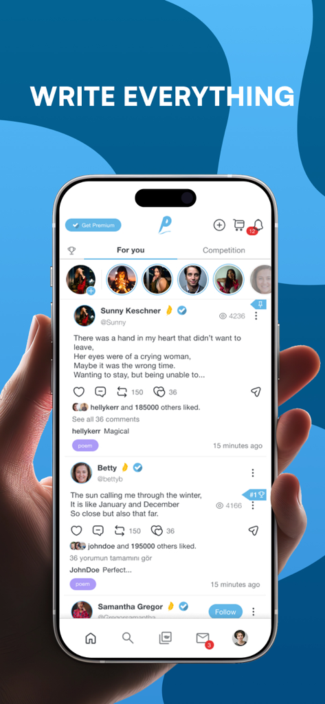 A hand holding a smartphone displaying the Poemia app social feed with several written poems and user stories under the title Write Everything.