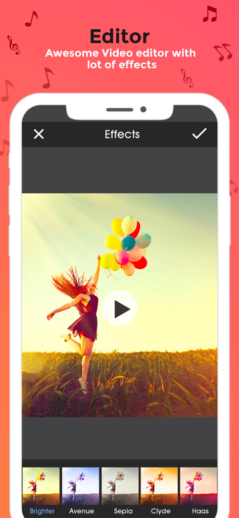 Clip Cutter - Video Editor App - Interface of Clip Cutter app showing various video filters and effects like Sepia and Clyde applied to a video clip
