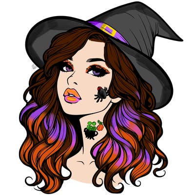 realistic witch girl with wavy hair and lips