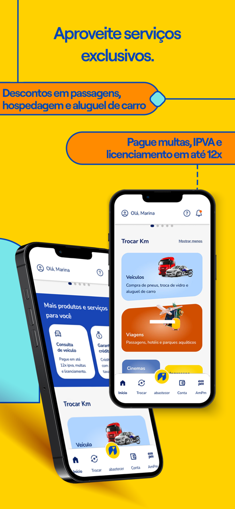 KMV: Ganhe Cashback em Postos - KMV mobile app interface displaying exclusive services including travel discounts and vehicle tax payment options