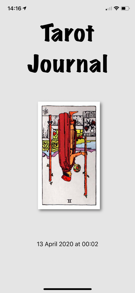 Tarot Journal - Tarot Journal app interface displaying a reversed Two of Wands card with date and time