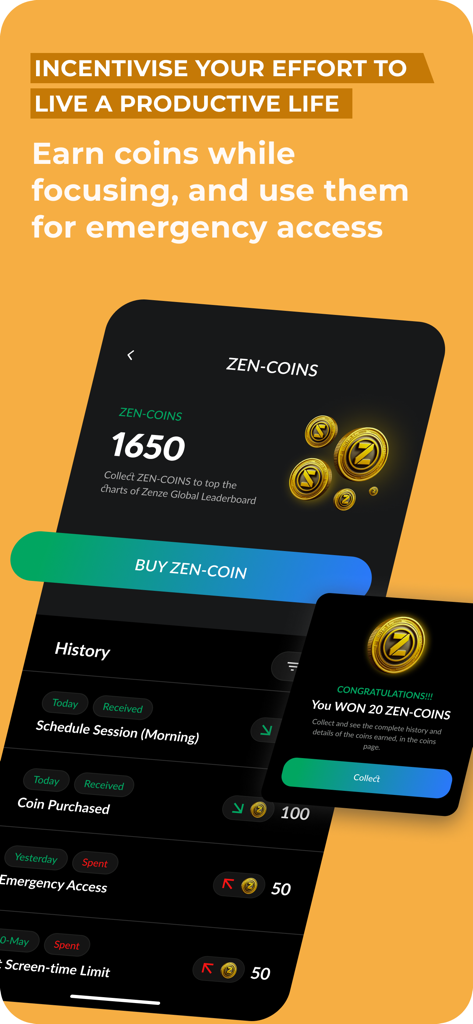 Zenze - App Time Limit - Pantalla de la aplicación Zenze que muestra monedas Zen ganadas por sesiones de enfoque e historial de acceso de emergencia
