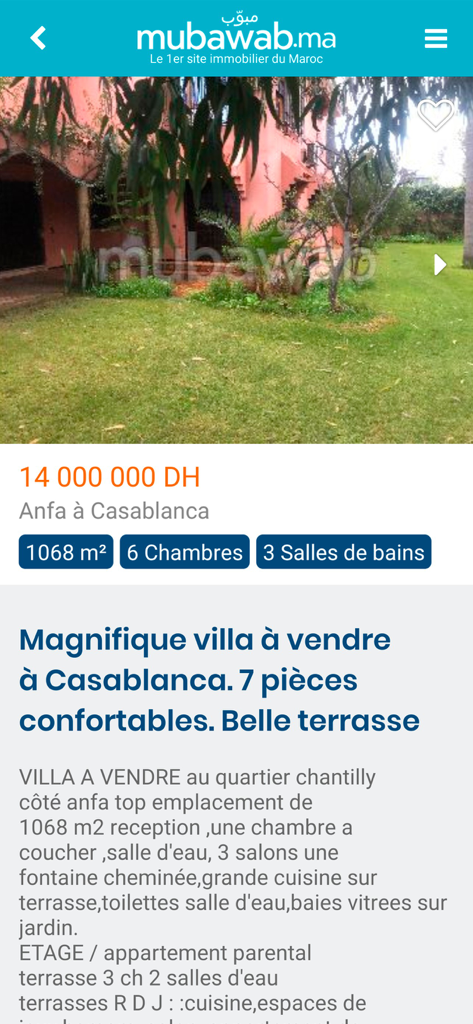 Luxury villa listing in Casablanca on the Mubawab real estate app