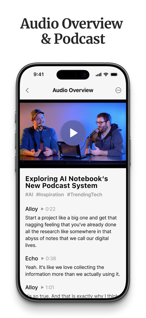 HyNote: AI Note Taker, Summary - iPhoneにAI音声概要とポッドキャスト文字起こしを表示するHyNoteアプリのインターフェース