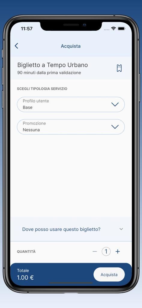 Interfaz de la aplicación FCE Catania para comprar un billete de transporte urbano de noventa minutos por un euro