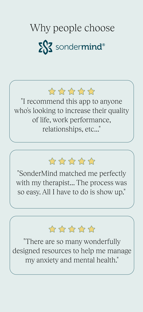 Three five-star user testimonials for the SonderMind mental health app showcasing positive feedback on quality of life and therapist matching