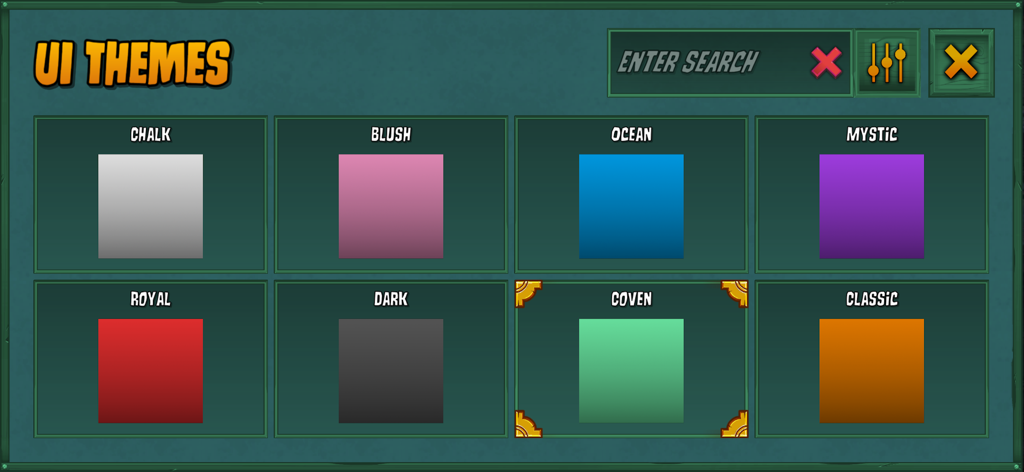 Town of Salem - The Coven - User interface theme selection screen in Town of Salem showing different color options.