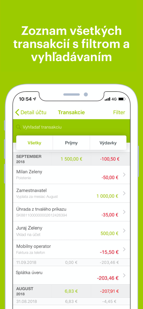 Transaction history list in the Penazenka banking app with search and filter features