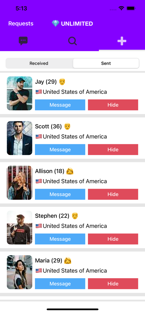 A list of sent social requests on the Wave app showing user profiles with names, ages, and location in the USA.