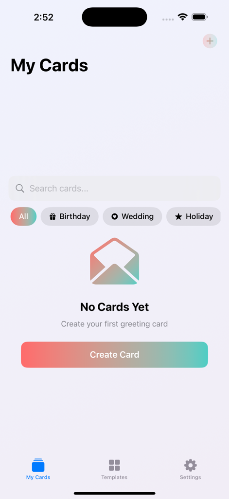 AI Card Maker - Panel de la aplicación Creador de Tarjetas IA mostrando la pantalla Mis Tarjetas con filtros de categoría y un botón de crear tarjeta.