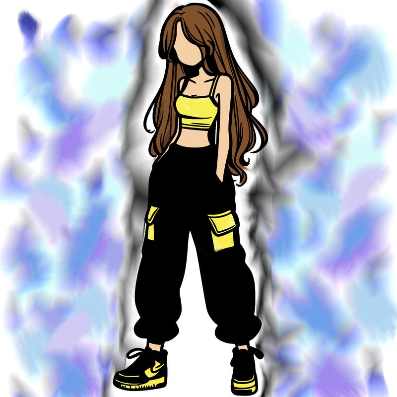 girl in baggy pants crop top and long hair