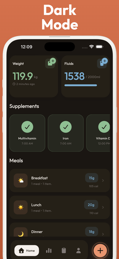 Bariatric Food Tracker - Bari - Bariatric Food Tracker app dashboard in dark mode showing weight hydration supplements and protein intake logs