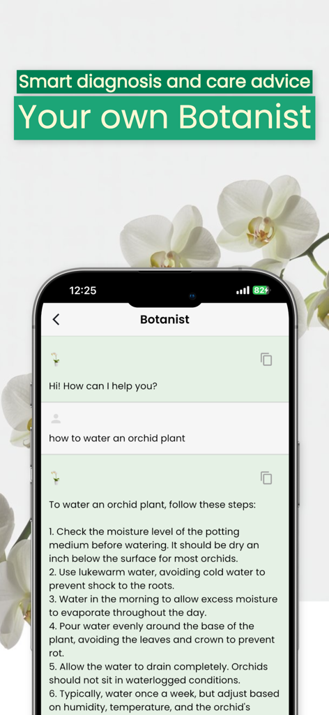 Orchid Care - Plant identifier - A mobile app screenshot showing an AI botanist providing detailed step-by-step orchid watering instructions.