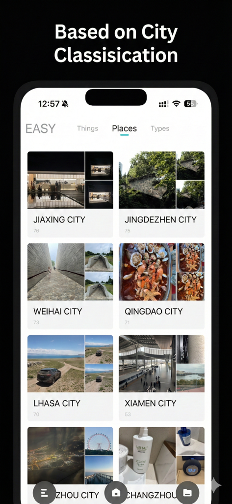 EASY - AI Photo Organizer - EASYアプリの画面。都市名でグループ化された写真アルバムが表示されています。