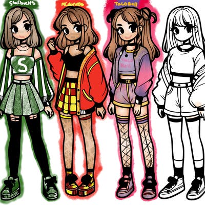 one girl with crop-top shirt and a jacket with a skirt, long socks and another girl with a shirt and pants with a jacket