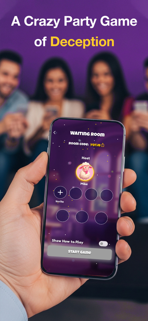 Bamboozle - Party Game - Une main tenant un téléphone affichant la salle d'attente du jeu Bamboozle avec des amis en arrière-plan.