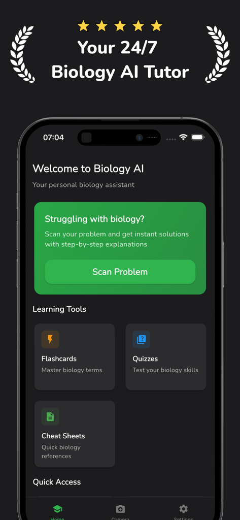 Interface of the Biology AI Homework Helper app showing the scan problem button and learning tools
