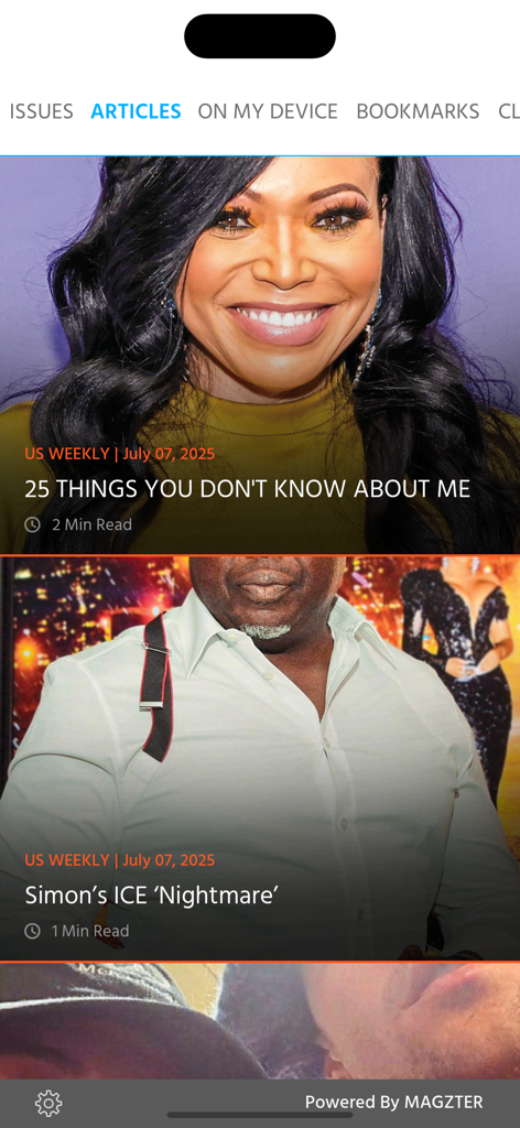 Us Weekly (Magazine) - A screen from the Us Weekly app displaying celebrity news articles with large photos and catchy headlines