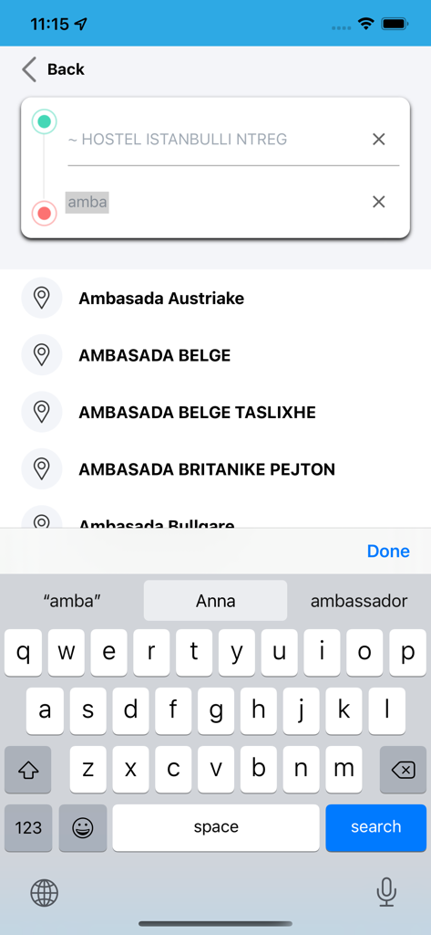 Blue Taxi - Search screen in the Blue Taxi app for entering trip destinations