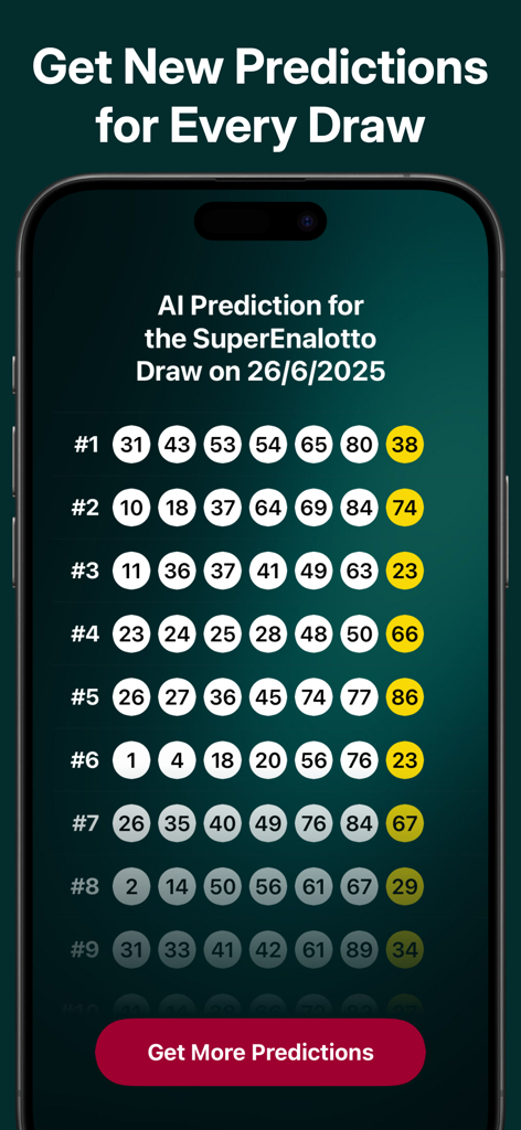 Smartphone screen showing a list of AI generated lottery number predictions for the SuperEnalotto draw