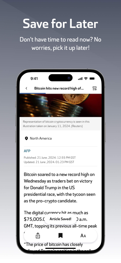 Al Arabiya English - Screenshot of the Al Arabiya English app highlighting the Save for Later feature on a news article about Bitcoin