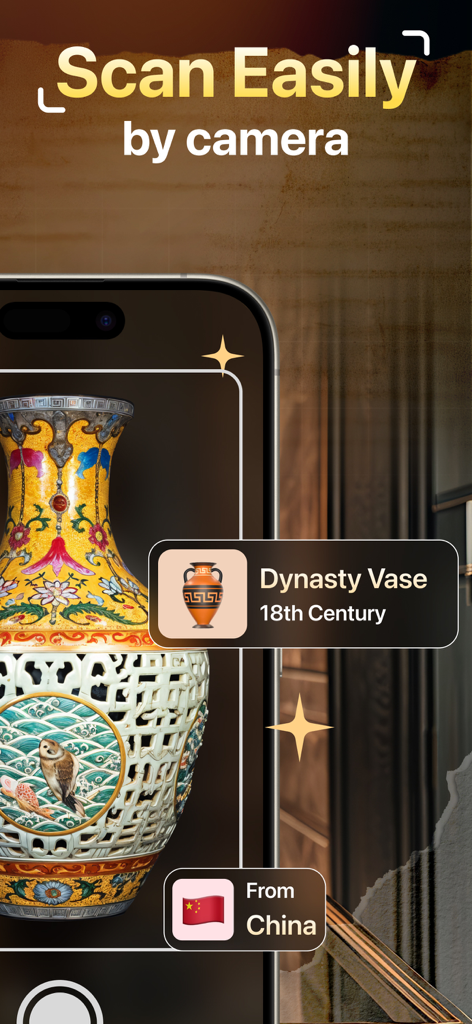 Relic Snap: Antique Identifier - A mobile phone scanning an 18th-century Chinese Dynasty vase using the Relic Snap antique identifier app