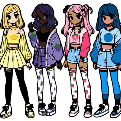 one girl with crop-top shirt and a jacket with a skirt, long socks and another girl with a shirt and pants with a jacket