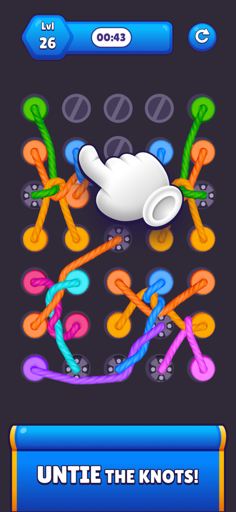 Tangle Masters | گره باز - Gameplay screenshot of Tangle Masters showing colorful 3D ropes on a grid and a hand icon demonstrating how to untie knots